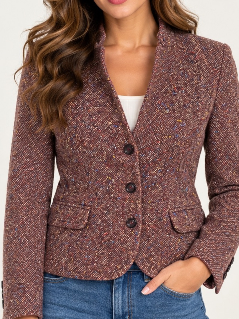 Textured Burgundy Tweed Women's Blazer Jacket